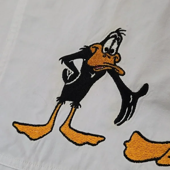 Retro 90s Looney Toons Daffy Duck White Cotton Button Up Shirt Vintage 1990s - Picture 7 of 16
